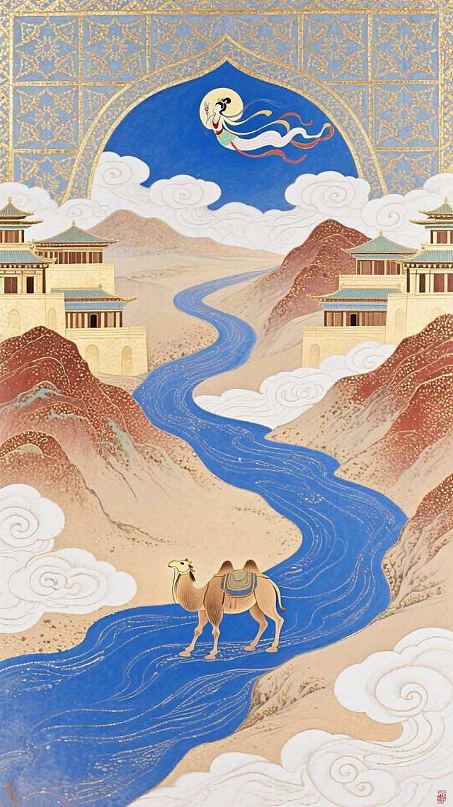 敦煌艺术，以青金石蓝、浅驼金、暖棕红为主色调，塑造蜿蜒如丝带的丝路河道，两侧山峦层叠，融入卷曲云纹 + 几何藻井纹样，远方古建筑（对称布局 + 浅棕配色），单人驼队精准放置于河道黄金分割点，整体营造东方丝路意境，远处天空中嫦娥奔月