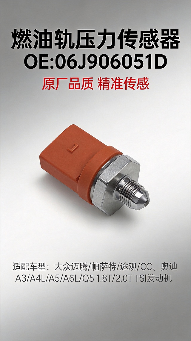 汽车配件燃油轨压力传感器宣传海报，简约工业设计风格，主体清晰展示橙色插头六角金属底座的大众奥迪原厂OE号06J906051D燃油轨压力传感器，上方添加标题“燃油轨压力传感器 OE:06J906051D”，下方标注适配车型：大众迈腾/帕萨特/途观/CC、奥迪A3/A4L/A5/A6L/Q5 1.8T/2.0T TSI发动机，强调原厂品质，背景简洁干净，整体布局清晰，专业汽配展示海报