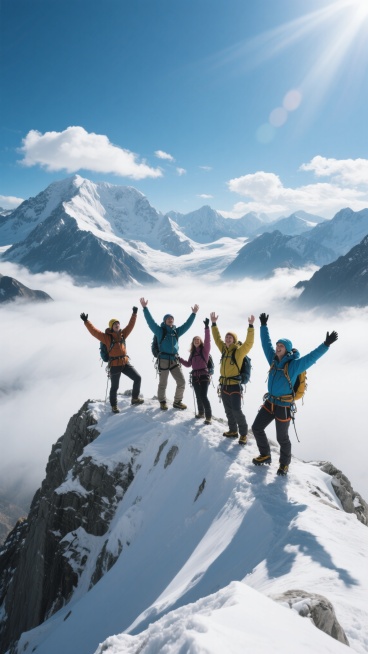 一群身着专业登山装备的不同性别登山者，在云雾缭绕的雪山之巅，以充满力量的姿态张开双臂、高举双手欢呼庆祝，展现登顶的喜悦与成就感。巍峨的雪山群峰在背景中连绵起伏，山顶覆盖着皑皑白雪，山腰云雾缭绕，天空湛蓝，飘着几朵洁白的云彩，阳光明媚，光线从侧上方照射下来，在人物和山体上形成清晰的光影和明暗对比，整体画面呈现出壮丽、震撼、充满希望与征服感的氛围，具有高度写实的摄影质感，细节丰富，色彩鲜明，构图采……预览效果