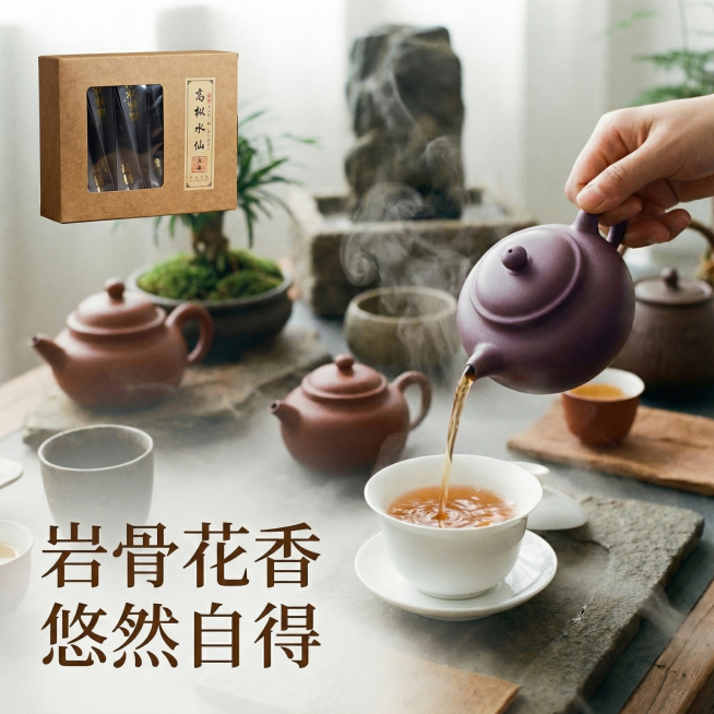 基于原图修改，严格保留原有1:1比例，仅将左上角的茶叶包装替换为用户原图的正确牛皮纸开窗高枞水仙包装盒，完全还原原包装外观，其他所有元素（茶桌场景、盖碗、手势、文案、背景光影）全部保持不变，风格统一，预览效果