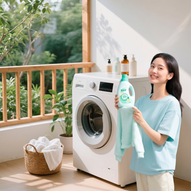 将第一张图的手持洗衣液的女生和第二张阳台洗衣机场景自然混合，保留女生主体，放到阳台场景中，生成1:1正方形尺寸的图片，风格光影自然融合预览效果