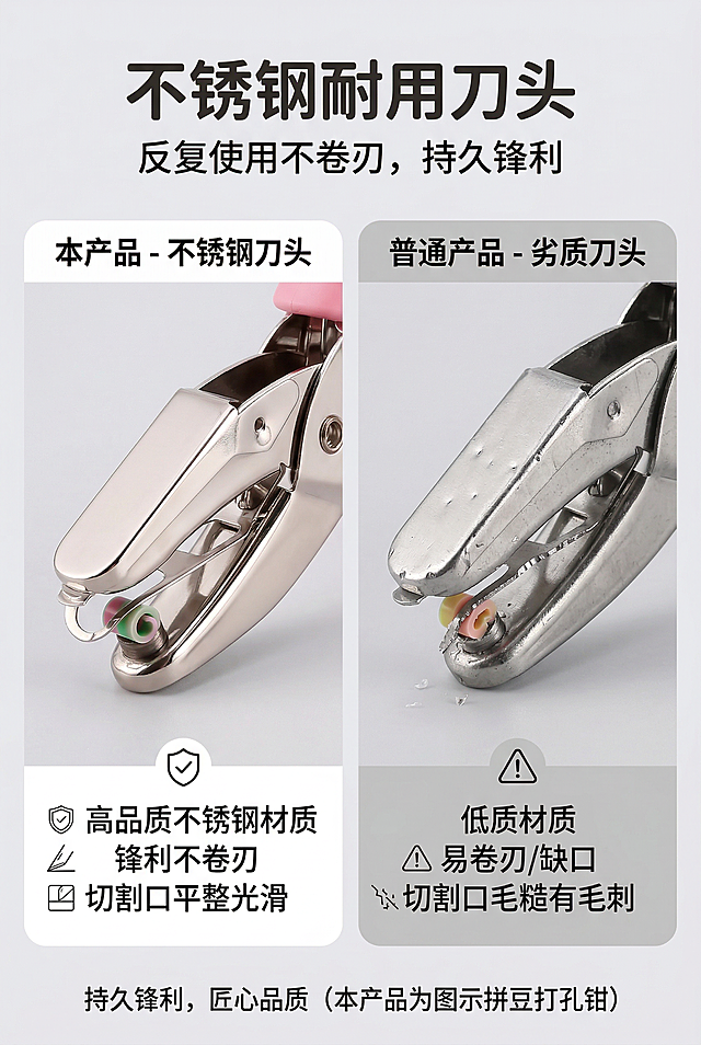 2:3竖版电商详情图，严格还原拼豆打孔钳的不锈钢刀头细节，展示刀头的金属光泽与锋利质感。主标题“不锈钢耐用刀头”，副标题“反复使用不卷刃，持久锋利”。画面特写刀头切割拼豆的瞬间，对比普通刀头的磨损效果。背景为浅灰色，排版采用左右对比分栏，左侧本产品刀头，右侧普通刀头，文字说明清晰，中文文字统一使用圆润无衬线字体，风格专业对比。禁止刀头材质表现失真，禁止对比内容伪造，禁止文字排版杂乱，禁止背景颜色突兀，禁止文字字体不统一，禁止比例失调。