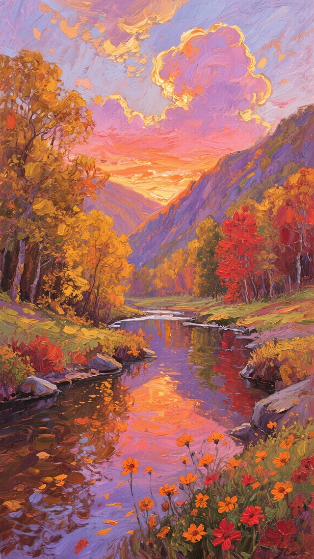 印象派风格油画，秋日午后的宁静山谷溪流，厚重的油彩笔触，浓烈丰富的色彩层次，天空呈现渐变的橙红与粉紫交织的晚霞，云朵边缘镶着金边，山谷两侧是金黄与赭红相间的茂密树林，溪流水面倒映着绚烂的天色与岸边的秋叶，近岸点缀着橙色和红色的小野菊，光线柔和温暖，营造出浪漫而富有诗意的氛围，整体构图采用三分法，视觉引导线由溪流延伸至远方的山谷尽头，画面充满生机与自然的美感，色彩明快饱和，笔触奔放富有动感，光影效果强烈，细节丰富。