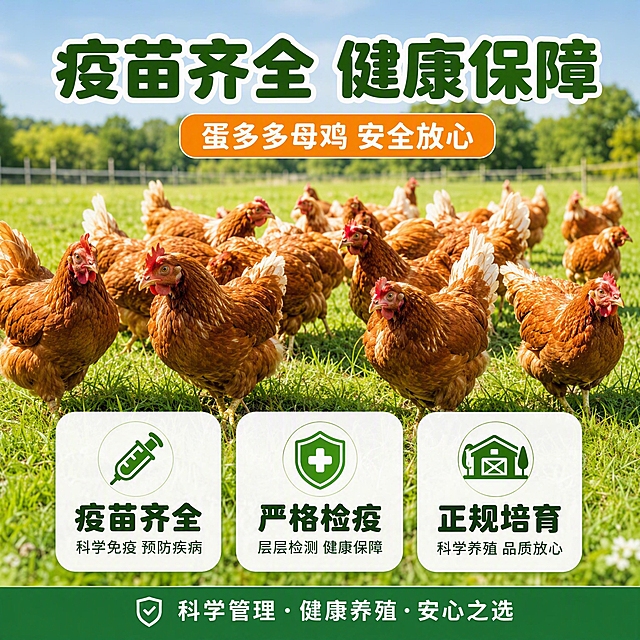 [主图-3] 细节与安全 疫苗齐全 健康保障 蛋多多母鸡安全放心
[统一基调] 淘宝天猫专业品质风格 暖橙绿自然主色 圆润粗黑标题字 白色圆角卡片 线性图标 亲和可信养殖感
[画面] 画面主体是一群健康活泼的海兰褐鸡在绿色草地上散养的场景 鸡群毛色光亮 精神饱满 活动自如 背景是清新的绿色草地和远处的树木 前景下方横排三个白色圆角安全认证卡片 第一个卡片配疫苗注射器图标 写疫苗齐全 第二个卡片配健康盾牌图标 写严格检疫 第三个卡片配专业养殖场图标 写正规培育 画面体现鸡只健康状态良好 养殖环境优良
[光影质感] 自然日光 上午侧光 草地和鸡群光影自然 羽毛光泽真实 卡片有柔和阴影 整体清新明亮 真实养殖场景质感
[配色] 主背景绿色草地蓝天 辅助色白橙 强调色绿色 标题字深绿 卡片白色半透明 图标绿色
[文字版式] 顶部大标题 疫苗齐全 健康保障 底部横排三个安全认证卡片 每个卡片有图标和文字说明 字体圆润粗黑 清晰易读 文字不遮挡鸡群主体
[输出要求] 1:1比例 2048px 文字清晰 鸡群形态自然 场景真实 无变形 无错字 无水印 无平台logo