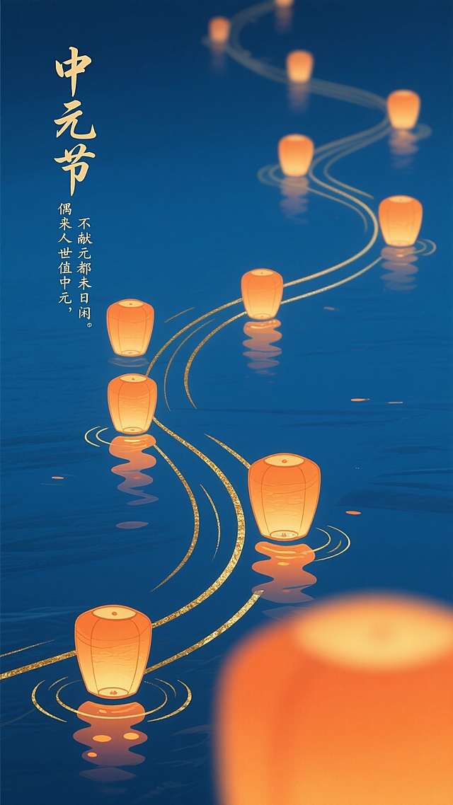 中式插画风，唯美感灯笼漂浮水面，中元节氛围浓厚，线条流畅，色彩柔和。
