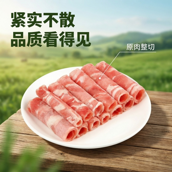 [主图 2] 牛肉风味卷核心品质展示
[氛围/风格] 牧场生鲜风格，自然户外光线，真实新鲜质感。
[画面元素] 牛肉卷主体保持原外观不变，放置在画面中心偏右位置，背景虚化融入青青牧场远山草地的场景，营预览效果