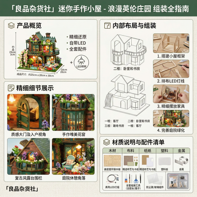 淘宝详情图，分别展示DIY小屋的不同细节、内部布局、组装步骤、材质说明，风格平实清晰，添加店铺名称“良品杂货社”，画面不夸张预览效果