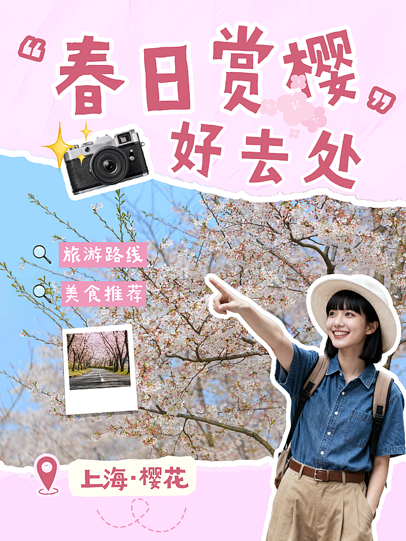 春季赏花樱花旅游推荐剪贴拼图小红书封面