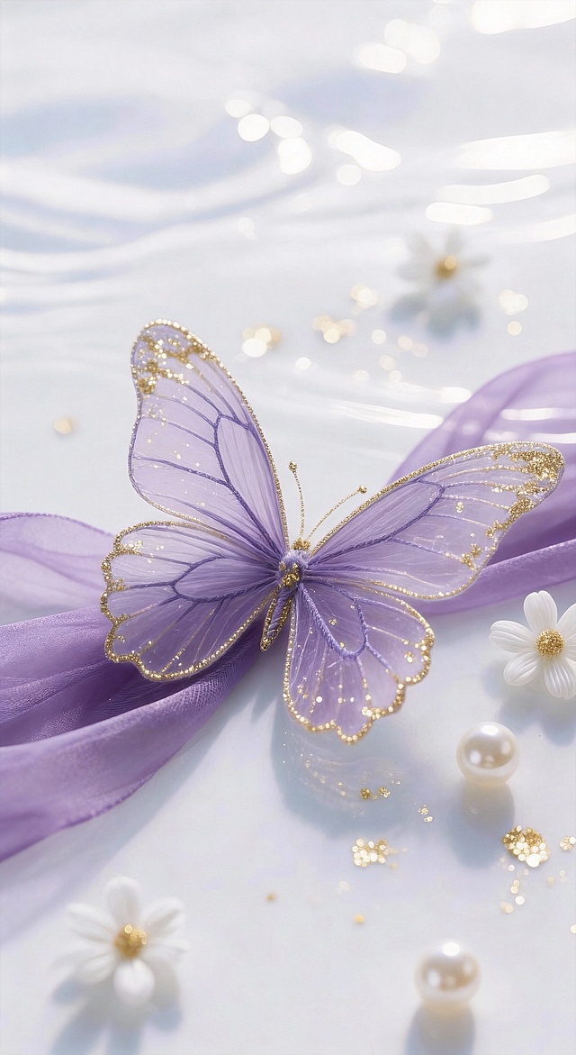 蓝色部分改成低饱和度的熏衣紫色，将蝴蝶旁侧蓝色纱带改为低饱和度的熏衣紫色，图片的亮度保持不变，超高清8K，原比例