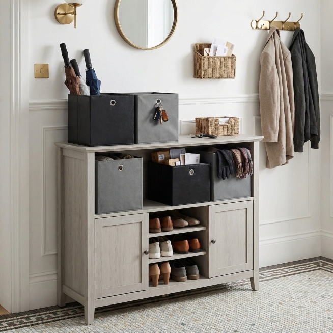 产品是这三个 产品以图片为准场景 1：玄关 / 入户区收纳（英国租房高频）
描述：英式公寓玄关，浅灰色鞋柜 + 白色墙面，将黑色、灰色收纳盒摆放在玄关开放式格架 / 鞋柜上层，收纳雨伞、钥匙、快递包装预览效果