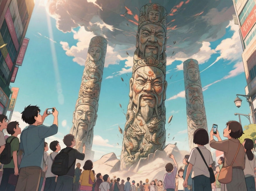 石柱上是中国风雕刻的人脸兽脸 色调不变预览效果