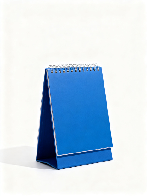 Blank vertical desk calendar, high quality metal spiral binding, stand base design, clean solid blue预览效果