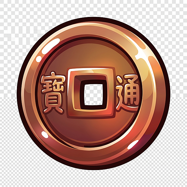 参考提供的roblox游戏图标风格，绘制一个中国古代铜板，不要添加任何中文文字，风格统一：带深色粗描边、渐变色彩、立体光泽，添加明显白色高光效果，圆角卡通造型图标