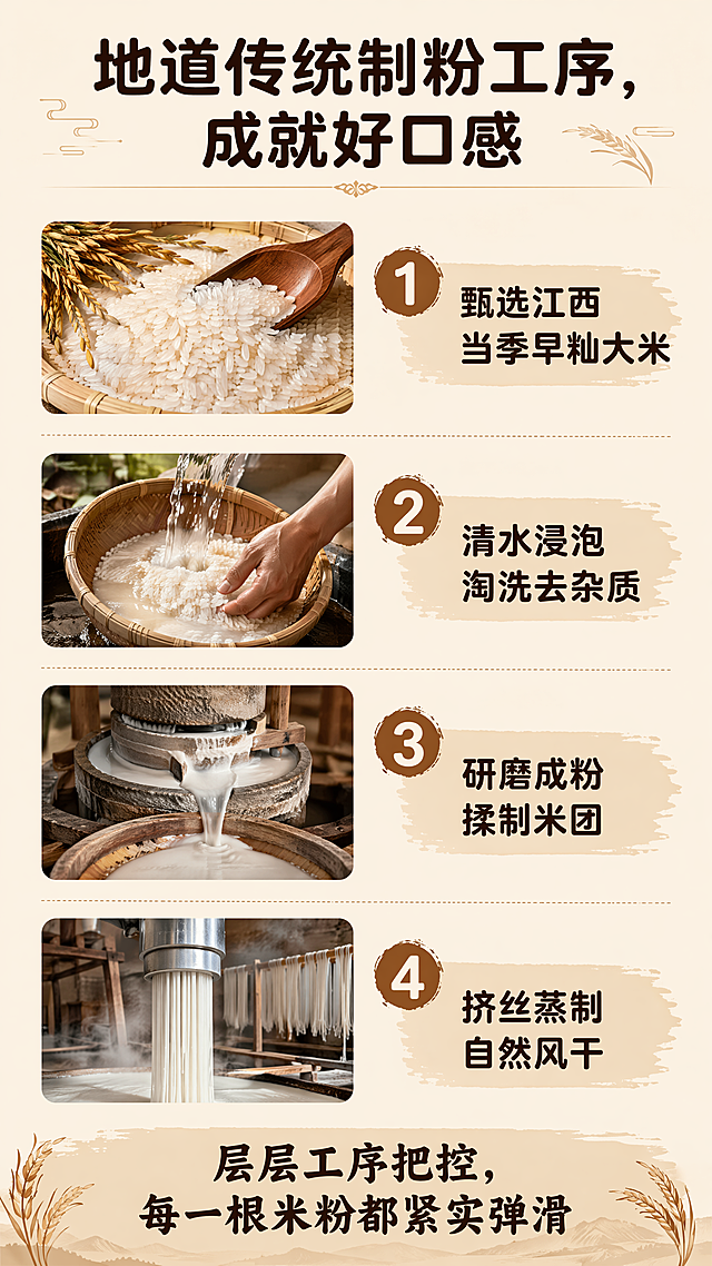 [第3屏] 制粉工艺页，江西干米粉传统制作工序介绍。[氛围/风格] 质朴传统工艺风，暖棕色系，真实自然图文并茂。[元素布局] 顶部主标题，下方分四步纵向排列，每步配小图左侧编号右侧文字，底部放标语，排版疏密合适。[光影质感] 均匀柔和自然光，小图清晰明亮，文字干净不发灰。[配色色系] 全局底色：#F5F0E6；主体配色：#8B5A2B+#F0DCBE；辅助色：#2C1810+#D48B39。[视角构图] 纵向列表，从上到下阅读，序号引导动线。[文字版式] 延续圆角粗黑深棕色纯色字。主标题"地道传统制粉工序，成就好口感"顶部居中；四道工序：1.甄选江西当季早籼大米；2.清水浸泡淘洗去杂质；3.研磨成粉揉制米团；4.挤丝蒸制自然风干；标语"层层工序把控，每一根米粉都紧实弹滑"放底部。文字大小适中，手机清晰可读。[比例分辨率] 9:16竖版，4K，文字清晰。[负向提示词] 图片变形，文字乱，排版杂，颜色偏