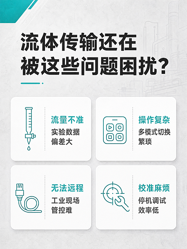 [商品] 本页为痛点直击页，无需产品图。
[画面] 目标：激发兴趣，直击实验室和工业流体传输的常见痛点。构图：上下结构，顶部大标题，下方4个痛点卡片2x2排列，每个卡片配简约线描图标和痛点描述。背景：浅灰色工业风背景，带细微纹理，左上角有青蓝色装饰色块。每个痛点卡片为浅白底圆角卡片，左侧图标，右侧文字，卡片间有均匀间距。阅读动线从上到下，从左到右。
[视觉] 套系策略：风格=工业科技风；标题字=现代无衬线粗黑体；正文字=简洁无衬线中黑体；主色=浅灰白；背景延展=浅灰渐变加细腻哑光纹理；强调色=青蓝色(#2EC4B6)，用于图标和痛点关键词高亮；标题色=深炭灰；正文色=中灰；组件=圆角白底卡片、细线分割、青蓝色图标；光影=平面设计感，柔和均匀光照。
[文字] 顶部主标题「流体传输还在被这些问题困扰？」；4个痛点卡片：1.「流量不准 实验数据偏差大」配滴定管图标；2.「操作复杂 多模式切换繁琐」配按键图标；3.「无法远程 工业现场管控难」配通讯线图标；4.「校准麻烦 停机调试效率低」配校准工具图标；每个痛点文字清晰，手机端可读。
[规格] 图片比例3:4竖版，4K分辨率，负向提示：避免错字、文字过小、杂乱背景、产品图出现、极限词。