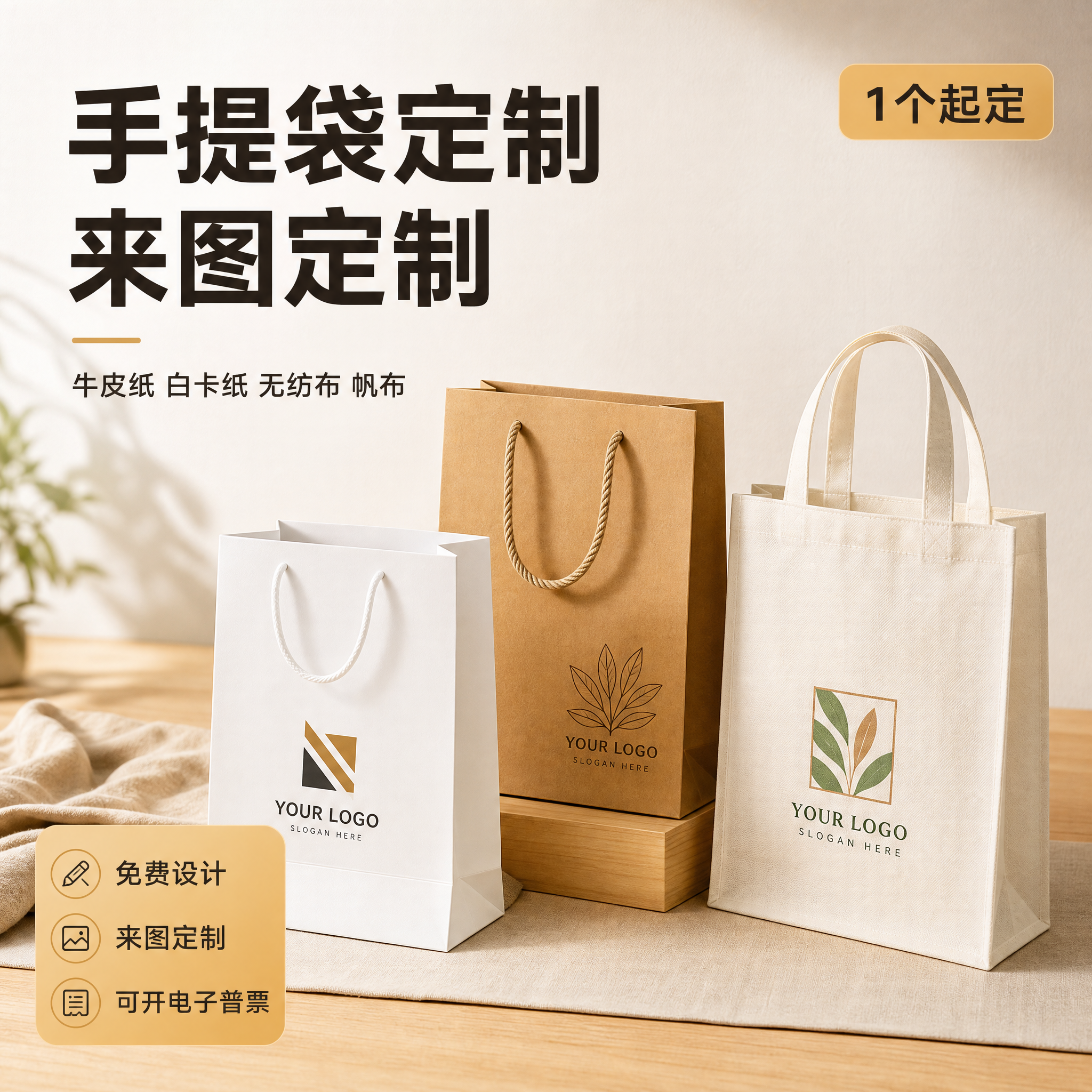 [主图1] 首图：让用户一眼看懂“手提袋定制”服务，建立专业可… - 图片创意预览
