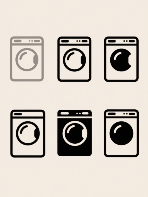 极简主义风格的洗衣机图标设计，6个不同配色、不同样式、不同材质的洗衣机造型，上下两行各三个整齐排列，浅色背景，保持原图标清晰的黑色轮廓线条，简洁的几何形状构成，圆形滚筒门，顶部控制面板区域，线条流畅无笔触，平面设计感，高对比度，清晰的视觉层级，无阴影，无立体效果，干净利落的现代图标设计。预览效果