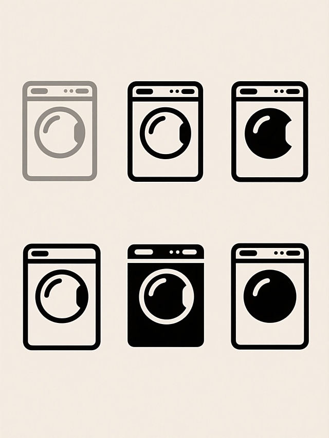 极简主义风格的洗衣机图标设计，6个不同配色、不同样式、不同材质的洗衣机造型，上下两行各三个整齐排列，浅色背景，保持原图标清晰的黑色轮廓线条，简洁的几何形状构成，圆形滚筒门，顶部控制面板区域，线条流畅无笔触，平面设计感，高对比度，清晰的视觉层级，无阴影，无立体效果，干净利落的现代图标设计。