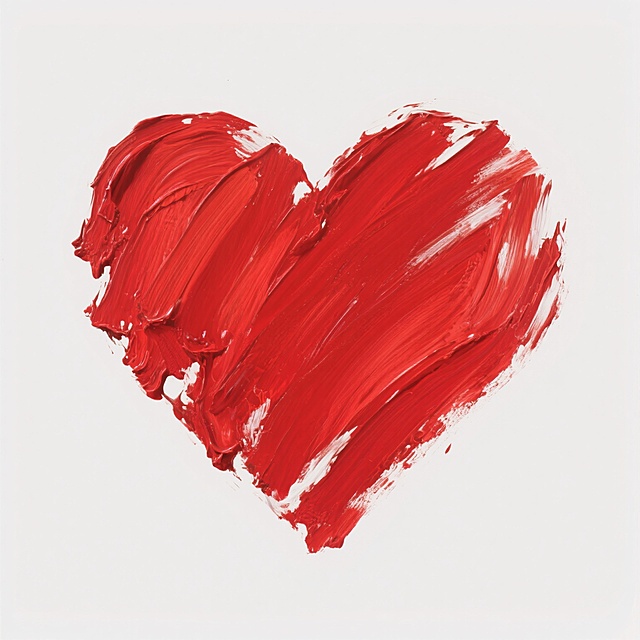 一颗巨大的、充满激情的红色心形图案，采用粗犷有力的油画笔触绘制，红色颜料厚重饱满，带有明显的刷痕纹理和白色的笔触间隙，整体呈现出热烈、奔放的艺术风格，背景为纯白色，心形位于画面中央，构图简洁大方，视觉焦点突出，具有强烈的情感冲击力和艺术表现力。