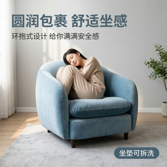 [垫图] https://cdn.dancf.com/fe-assets/20260313/9ed5cf309814be74bc807a3c094c4a1a.png
[主图主题] 简约治愈单人休闲沙发预览效果