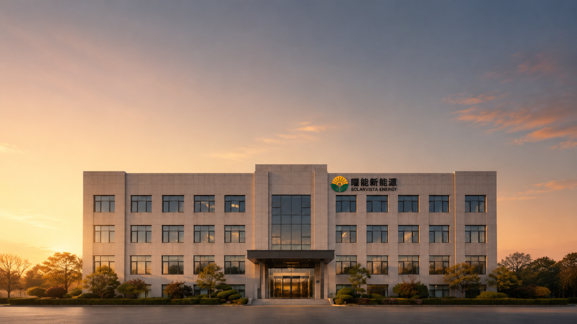 保持企业大楼主体结构、建筑外观、彩色公司Logo和门头"曜能新能源 SOLARVISTA ENERGY"字样基本不变，精修成适合企业介绍PPT封面的高级背景：修正建筑透视，让大楼更端正挺拔大气；提升建预览效果