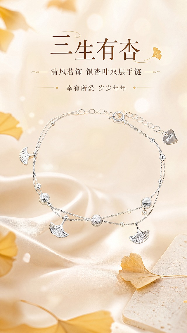 [商品] 使用【图1】三生有杏银杏叶双层手链；保留双层链条结构、银杏叶吊坠造型、圆珠装饰、心形尾牌、银色电镀质感、清风茗饰品牌标识；产品处理：增强金属光泽与银杏叶纹理细节，保持原有结构比例不变。
[画面] 页面目标：氛围头图，突出三生有杏主题与产品全貌；构图：居中偏上展示手链主体，下方留白放文案，产品占画面约50%；景别：中景特写；前中后景：前景飘落银杏叶装饰、中景手链悬浮展示、后景暖米色渐变背景带柔焦光斑；场景：雅致新中式氛围，搭配干银杏叶、米杏色丝绸布料道具。
[视觉] 套系策略：风格=温柔雅致新中式轻奢商业摄影；标题字=纤细宋体衬线体；正文字=简洁无衬线体；主色=米杏暖调；背景延展=基于米杏色做深浅渐变、柔焦光斑和细腻纸张/丝绸质感；强调色=暖金色，仅用于小面积图标、引线和装饰线条；标题色=深棕褐色；正文色=中暖灰；组件=细线分隔、圆角浅底信息卡、银杏叶装饰元素；光影=左前侧暖柔光，柔和阴影，金属高光自然。
[文字] 画面上方主标题"三生有杏"，副标题"清风茗饰 银杏叶双层手链"，下方配短句"幸有所爱 岁岁年年"，文字居中排版，不遮挡手链主体。
[规格] 图片比例9:16竖版，4K，避免变形、错字、文字过小、冷蓝背景、手链颜色改变、结构失真、绝对化用语。