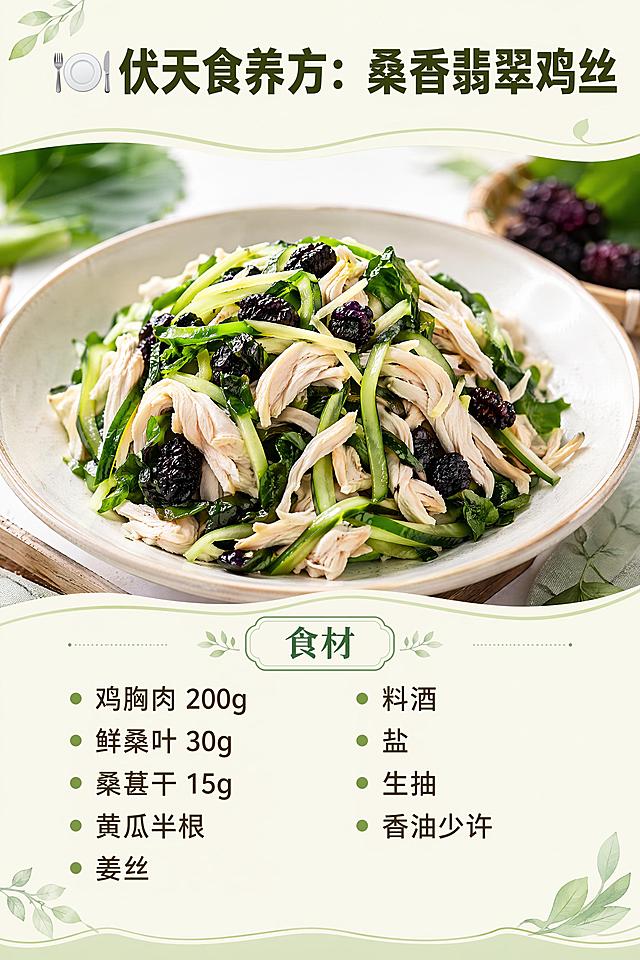[第8屏] 伏天食养方：桑香翡翠鸡丝，展示菜品成品和食材清单。[氛围/风格] 清新美食摄影风格，清爽诱人，干净通透，有食欲。[元素布局] 顶部放置食养方标题，上方展示做好的桑香翡翠鸡丝成品菜品图，下方列出所需食材清单，整体布局合理，突出菜品。[光影质感] 菜品图自然光拍摄，色彩清新自然，整体光线均匀明亮，文字清晰。[配色色系] 全局底色 #f5f5e6，主色浅青绿，菜品自然绿、白、紫配色，文字深棕色。[视角构图] 标题在上，成品图在中，食材清单在下，从上到下阅读流畅。[文字版式] 顶部加粗标题「🍽️ 伏天食养方：桑香翡翠鸡丝」，下方小标题「食材」，分点列出：鸡胸肉 200g、鲜桑叶 30g、桑葚干 15g、黄瓜半根、姜丝、料酒、盐、生抽、香油少许，文字清晰，排版整齐，移动端可读。[比例分辨率] 2:3 竖版比例，4K分辨率，高清画质。[负向提示词] 变形，水印，文字错乱，文字过小，缺件错件，颜色偏差，背景杂乱，文字模糊，菜品颜色怪异。