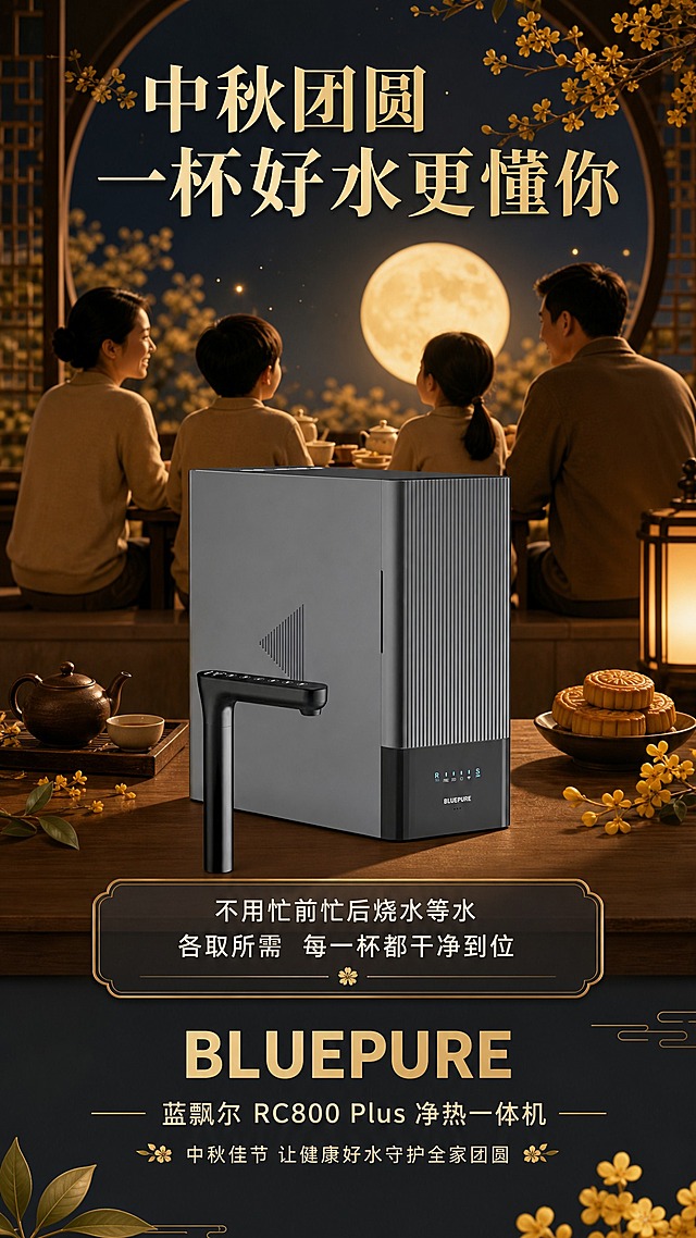 [商品] 使用【图1】蓝飘尔RC800 Plus净热一体机；保留产品全貌、颜色、Logo、龙头；产品居中展示，角度为正面微侧，占画面约40%。
[画面] 页面目标：中秋主题升华收尾，品牌与产品信息收口。构图：竖版9:16，上部中秋团圆场景（一家人围坐赏月品茶的温馨剪影），中部产品主体，下部品牌与产品信息。前中后景：前景为产品+木质桌面，中景为产品主机+龙头，后景为中秋夜圆月、桂花、窗棂剪影，暖金色月光氛围。阅读动线：顶部中秋氛围→中部产品→底部品牌Slogan+产品信息。
[视觉] 套系策略：风格=新中式轻奢科技商业摄影；标题字=宋体粗体带衬线；正文字=现代无衬线体；主色=深炭灰+暖金；背景延展=深蓝夜空渐变+暖金色月光光晕，中秋元素剪影；强调色=暖金色；标题色=暖金色；正文色=米白色；组件=半透明信息卡、细金线、桂花装饰；光影=暖月光从后方照来，产品正面补光，温馨氛围感。
[文字] 顶部大标题"中秋团圆 一杯好水更懂你"；产品下方Slogan"不用忙前忙后烧水等水 各取所需 每一杯都干净到位"；底部品牌信息"BLUEPURE 蓝飘尔 RC800 Plus 净热一体机"，配一行小字"中秋佳节 让健康好水守护全家团圆"。文字均横排，不遮挡产品Logo。
[规格] 图片比例9:16竖版，4K，避免变形、错字、文字过小、产品颜色改变、结构失真、冷蓝冷灰主调。