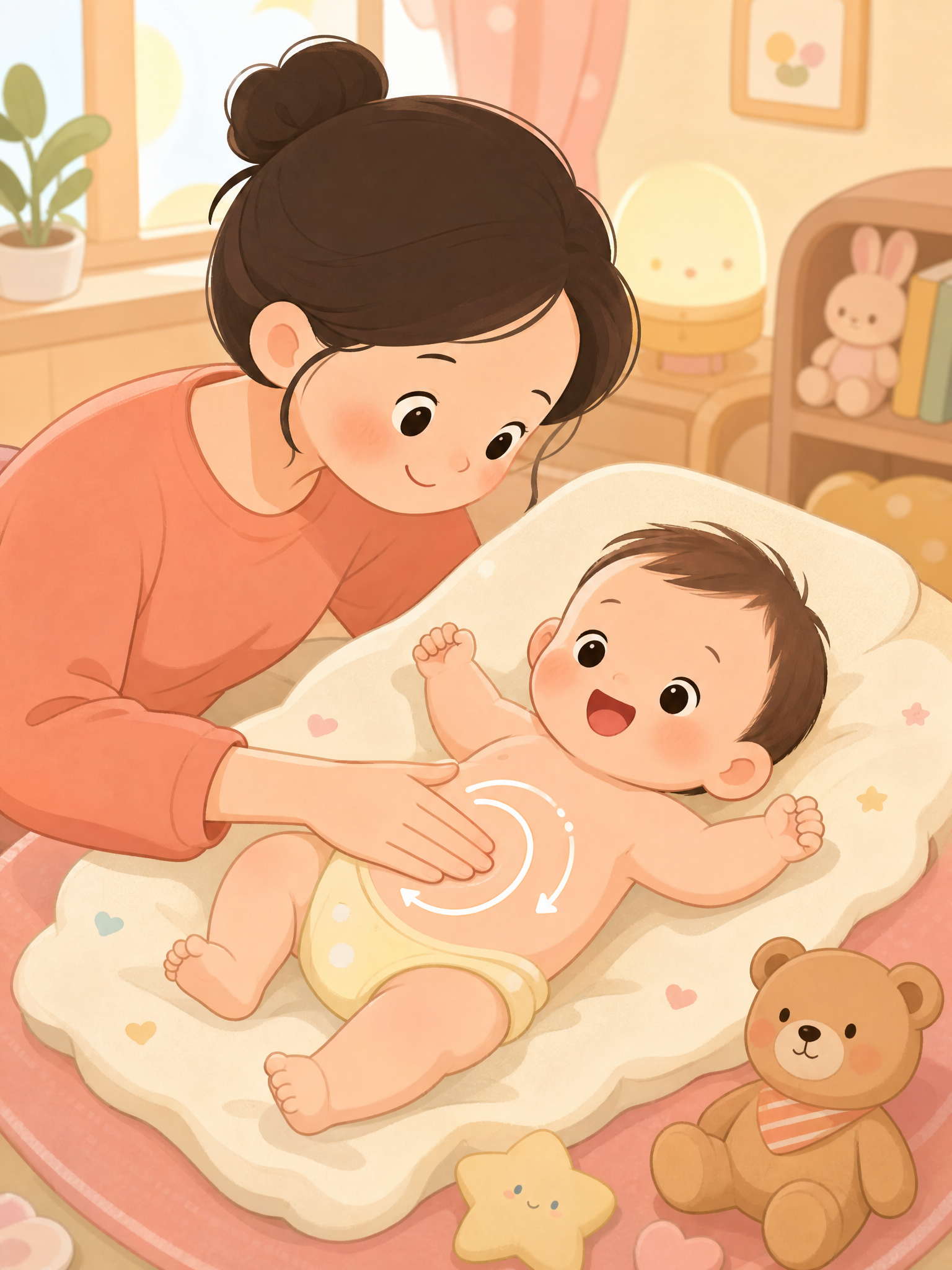 可爱卡通风格的亲子抚触示意图，3:4竖版比例，扁平插画风格。画… - 图片创意预览
