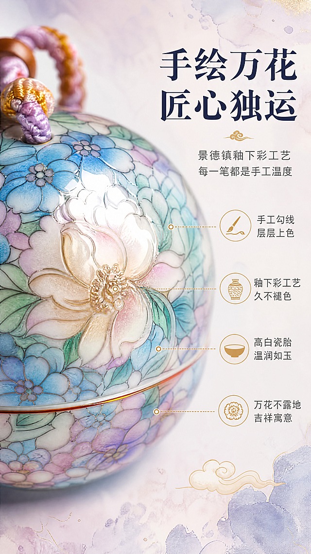 [商品] 使用【图1】景德镇手绘万花陶瓷香囊吊坠罐；保留球形罐体、手绘万花花卉纹样、渐变流苏；重点放大展示陶瓷表面手绘花纹细节；商品处理：保留全部手绘纹样笔触和颜色，超高清增强釉面通透感和花卉线条细节，展现手工绘画的笔触质感。
[画面] 页面目标：细节工艺展示，突出景德镇手工手绘的精致质感。构图：左侧大特写微距展示罐体表面手绘花卉纹样，右侧留白放文案，产品占画面60%。景别：微距特写。主体角度：罐体局部放大，聚焦几朵主花的手绘细节，能看到釉下彩的通透层次。前中后景：前景罐体花纹微距清晰，中景渐变过渡，后景柔焦虚化。阅读动线：右上标题→右侧中部卖点→左侧视觉主体。
[视觉] 套系策略：风格=国风雅致新中式商业摄影；标题字=宋体衬线粗体；正文字=简洁无衬线体；主色=莫兰迪粉紫蓝；背景延展=基于粉紫蓝做深浅层级、同色渐变和宣纸/大理石质感；强调色=鎏金色，仅用于小面积图标、引线和标签；标题色=深墨蓝；正文色=中暖灰；组件=圆角浅底信息卡、细线引线、中式云纹点缀；光影=左前侧暖柔光，陶瓷釉面有晶莹高光，花卉纹样色彩通透。
[文字] 右上主标题「手绘万花 匠心独运」，副标题「景德镇釉下彩工艺 每一笔都是手工温度」；下方4个工艺卖点配小图标：①手工勾线 层层上色 ②釉下彩工艺 久不褪色 ③高白瓷胎 温润如玉 ④万花不露地 吉祥寓意；文字区右侧排布，用引线指向对应花纹细节。
[规格] 图片比例9:16竖版，4K分辨率，避免变形、错字、文字过小、冷蓝灰背景、陶瓷颜色改变、纹样模糊失真。