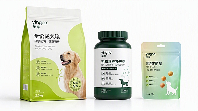 宠物品牌包装设计展示，健康科学风格，白色背景，展示三款宠物产品包装：1.宠物主粮袋装（青柠绿#a6d610主色，圆润弧形辅助图形，yingna英拿LOGO，科学配方感），2.宠物营养补充剂瓶装（深绿+白配色，专业感），3.宠物零食小包装（清新渐变配色），三款包装排列展示，3D立体效果，高级质感，健康天然产品包装设计