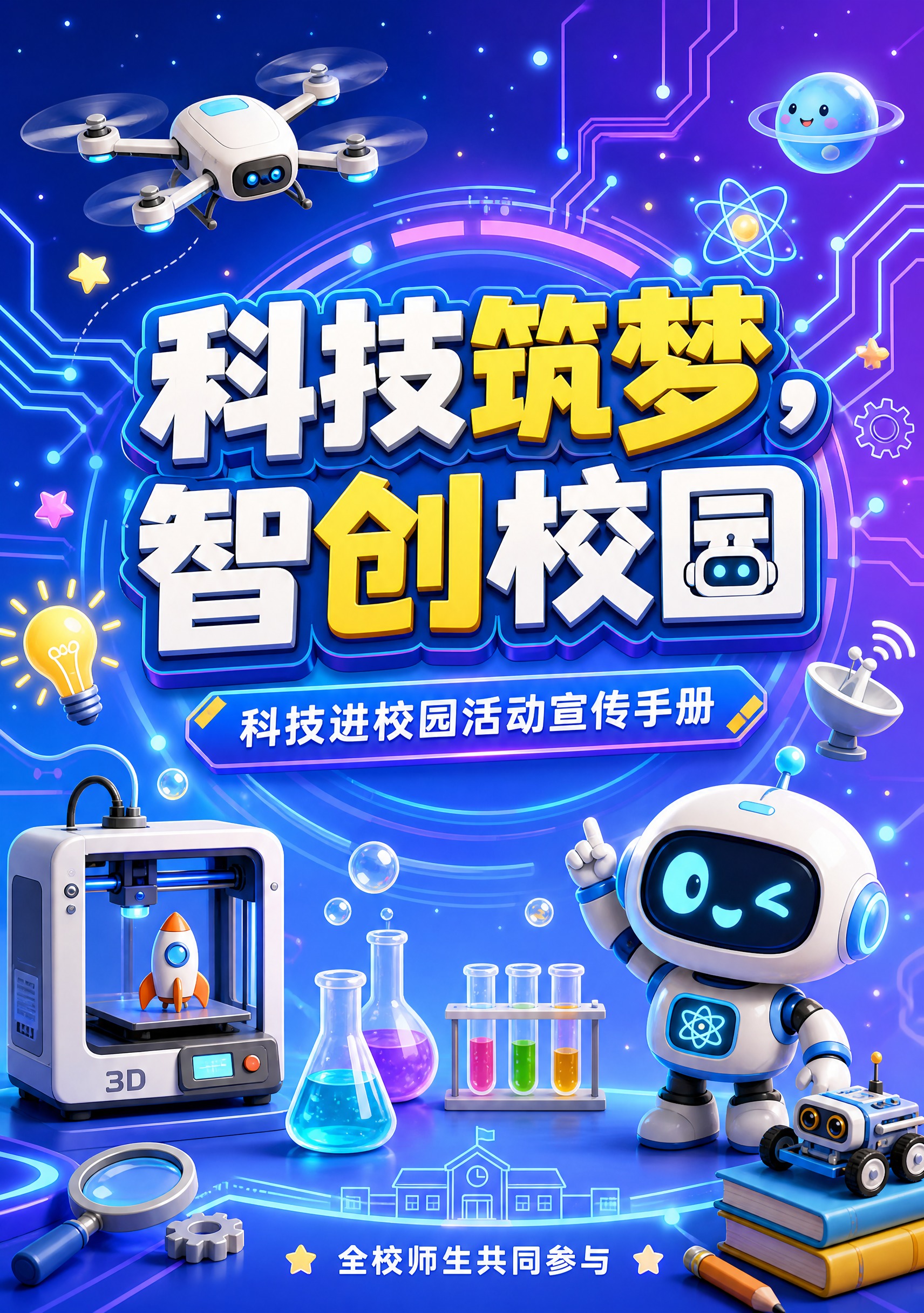 卡通科技风宣传手册封面，竖版A4比例。画面中央大标题"科技筑梦… - 图片创意预览