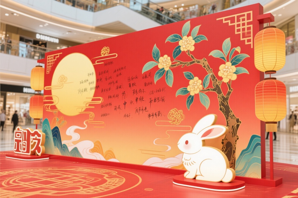 新中式风格国庆中秋商场美陈细节特写效果图，红色黄色为主色调，聚焦灯笼纹理、桂树叶片、玉兔造型的材质质感，展示祝福墙手写留言的真实感预览效果