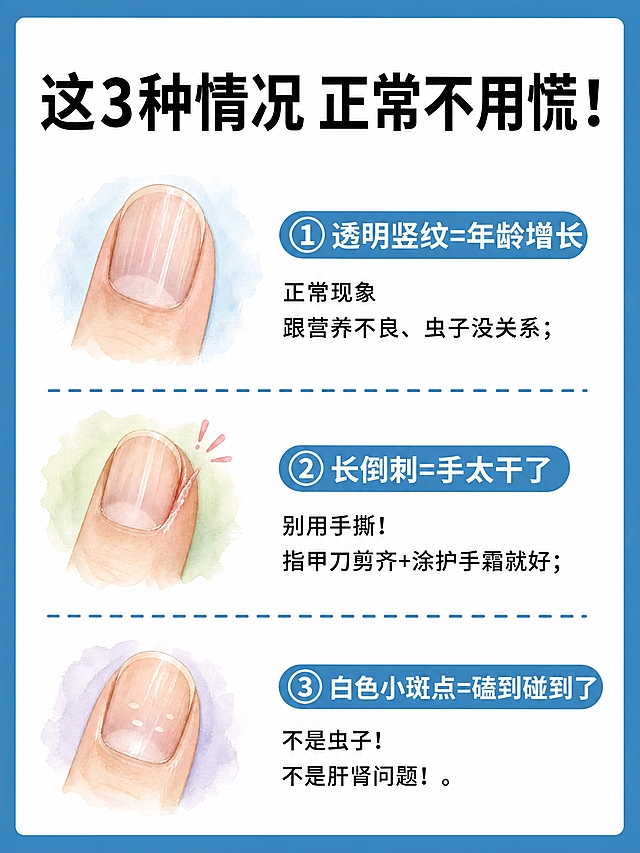 小红书笔记内页科普图，插图大字，ins清新健康科普风，版式精美，小红书笔记质感。版式骨架、分区比例、色调体系与参考图保持一致（相似度约70%），文案与配图换为本次指甲健康科普内容。顶部大标题逐字锁定：「这3种情况 正常不用慌！」，黑色粗体大字。下方分3条内容，每条左侧配手绘水彩风小插画，右侧蓝色圆角标签序号+黑色说明文字，蓝色虚线分隔每条内容。内容文字逐字锁定：① 透明竖纹=年龄增长 正常现象 跟营养不良、虫子没关系；② 长倒刺=手太干了 别用手撕！指甲刀剪齐+涂护手霜就好；③ 白色小斑点=磕到碰到了 不是虫子！不是肝肾问题！。背景：蓝色外边框+白色内底，干净清爽。插图风格：与参考图的核桃无花果手绘水彩风格一致，柔和自然。整体氛围：健康科普、清晰易懂、可信温和。画质：高清细腻，信息层级清晰，文字完整处于安全区内不可裁切，四周留安全边距。画面比例3:4，4K。图生图：严格使用用户上传图片，【图1】= 版式风格参考图，参考其蓝色边框+白底+手绘水彩插画+蓝色序号标签+虚线分隔的整体视觉风格，替换为正常不用慌的3条指甲科普内容。