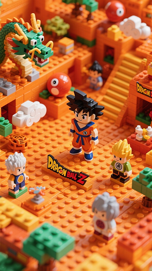 橙色调，七龙珠孙悟空主题积木世界，无文字，俯视