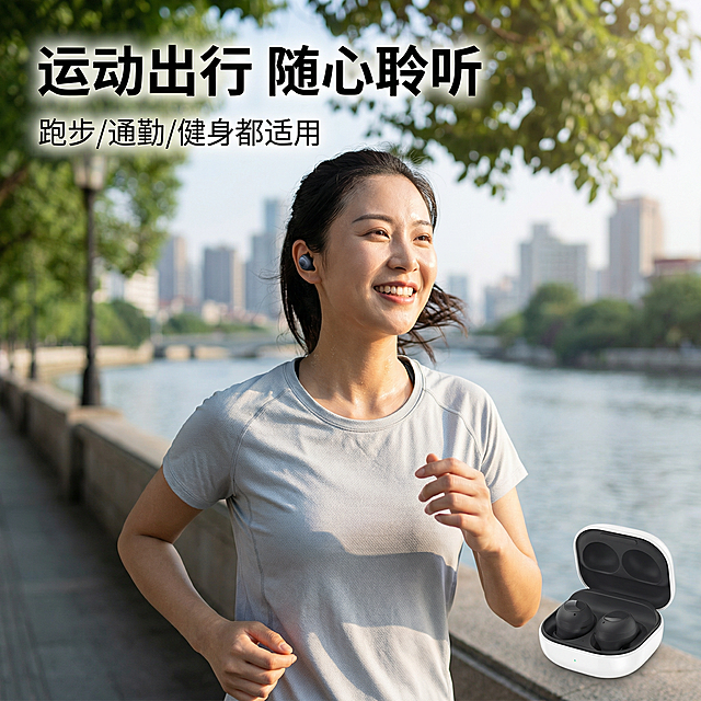 [主图4：使用场景] 夹耳式无线蓝牙耳机场景主图，户外轻运动风格，阳光柔和自然，画面中一位亚洲面孔年轻女性（身着浅灰色运动速干衣）正在户外慢跑，耳朵上佩戴着这款耳机，脸上露出轻松的表情，背景是城市滨江步道的清新绿植与江景，产品充电仓放置在画面右下角，外观与原图完全一致。配色：自然清新的绿、蓝、灰调，产品黑白色清晰突出。视角：第三人称平视，自然抓拍感，景深虚化背景突出人物与产品。文字版式：左上角主标题“运动出行 随心聆听”，白色无衬线粗体，带轻微弥散投影；下方小字“跑步/通勤/健身都适用”，白色常规字体，文字不遮挡人物面部与产品主体。