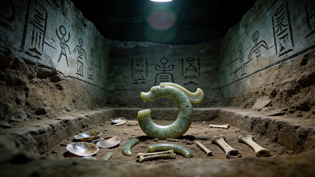 去除图片中的所有人物，保留考古坑洞场景，保留玉龙，保持现有的考古氛围、光影质感和泥土质感，原有考古环境自然衔接，比例调整为16:9，电影感叙事风格，浓郁低饱和青灰色调，粗颗粒胶片质感，强烈局域顶光，深邃暗部带有镜头光晕，完整保留坑壁上的符号、玉龙和地面文物