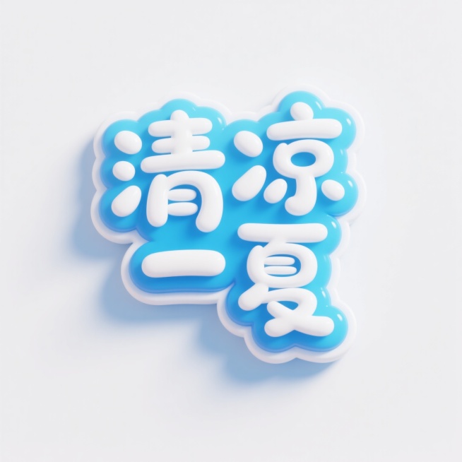 3D立体艺术字“清凉一夏”，采用圆润可爱的卡通手写字体，整体呈现明亮通透的蓝白渐变效果，边缘有清晰的白色高光勾勒，底部带有轻微的蓝色阴影增强立体感，背景为纯白色，字体充满夏日清爽、活泼、愉悦的氛围，视觉上给人冰爽降温的感觉。预览效果