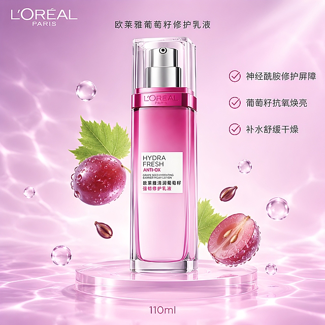 [单张主图] 欧莱雅葡萄籽修护乳液 高级氛围感品牌调性主图，2048*2048正方形，1:1比例。

[画面主体] 画面C位居中偏下放置一瓶欧莱雅清润葡萄籽强韧修护乳液，产品外观与输入图完全一致：透明方形玻璃瓶身、渐变玫粉色乳液、银色按压泵头、透明方形外盖、瓶身正面白色标签印有HYDRA FRESH ANTI-OX英文与中文名称、瓶颈玫红色环带印有L'ORÉAL PARIS字样。产品完整不裁切，占画面约50%，正面略偏右15度角展示，瓶身标签清晰可读。

[构图版式] 采用中轴诗意氛围型版式。顶部左上为品牌位，上方居中为小字标题，产品C位居中偏下，右侧竖排3组卖点图标，底部居中放规格信息。

[场景元素] 背景为通透的渐变粉紫色到奶油白的柔雾背景，带有轻微的水波纹光影折射效果，营造水润透亮感。产品底部有淡淡的圆形台面承托，周围悬浮少量晶莹剔透的水滴和葡萄籽、葡萄叶元素作为点缀，葡萄籽与叶片轻盈漂浮在产品左右两侧，不遮挡瓶身主体与标签。整体氛围纯净、水润、高级，体现葡萄籽抗氧与补水修护的产品调性。

[文案版式] 所有文字清晰可读，不遮挡产品主体：
- 左上角安全区：品牌名"L'ORÉAL PARIS"，白色细无衬线字体，字号适中，品牌字形与产品一致
- 画面上方居中偏上位置：小字标题"欧莱雅葡萄籽修护乳液"，深灰色细无衬线中文字体，字号小于品牌名，居中排列
- 画面右侧竖排3组卖点，每组为对勾图标+一行文字，从上到下依次为：
  ✔ 神经酰胺修护屏障
  ✔ 葡萄籽抗氧焕亮
  ✔ 补水舒缓干燥
  卖点文字为深灰色细无衬线字体，对勾图标为玫粉色，整体右对齐竖排，与产品保持安全距离
- 画面底部居中：规格信息"110ml"，玫粉色细无衬线字体，字号较小

[光影质感] 高级商业静物摄影质感，柔光箱布光，主光从左上方45度斜射，瓶身玻璃有清晰的高光反射，乳液呈现通透的渐变玫粉色质感，产品底部有柔和的接触阴影。背景有轻微的逆光光晕和水波纹折射光影，整体画面通透、干净、水润，景深适中，产品主体锐利清晰。

[配色字体] 主色为渐变粉紫+奶油白背景，辅助色为玫粉色（产品主色）、深灰色（文字）、白色（品牌字），点缀色为葡萄籽深紫与叶片绿色。字体统一使用干净的细无衬线字体，品牌英文为纤细无衬线，中文标题与卖点为纤细无衬线中文字体，字重克制，靠留白与对齐分层级，不使用粗黑体、手写体或衬线体。

[比例分辨率] 1:1正方形，2048*2048像素，2K分辨率，文字清晰可辨。

[负向提示词] 产品变形、瓶身比例失调、标签文字模糊错字、品牌Logo变形、产品悬浮无支撑、背景杂乱、多余人物、水印、平台Logo、促销价格标签、粗黑大字、手写体、夸张特效、低清晰度、噪点、产品被遮挡、葡萄籽叶片遮挡标签、颜色偏差严重。
