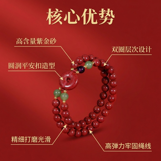 [主图 2] 紫金砂平安扣双圈手串核心亮点展示
[氛围/风格] 国风简约，清晰直观，质感高级
[画面元素] 以紫金砂手串为主体，围绕产品用引线标注出核心卖点，标注位置对应产品相应部位，保留手串完整造型预览效果