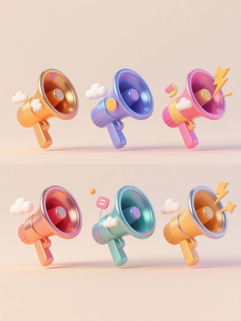 6个不同配色、不同样式、不同材质的「喇叭」造型，采用上下两行对齐排列，每个喇叭都具有3D立体效果，表面呈现出金属光泽与渐变色彩的质感，搭配闪电、云朵等活泼的装饰元素，整体置于浅色背景上，营造出鲜明的促销氛围，视觉层次分明，信息传达高效，符合促销活动的视觉需求。预览效果