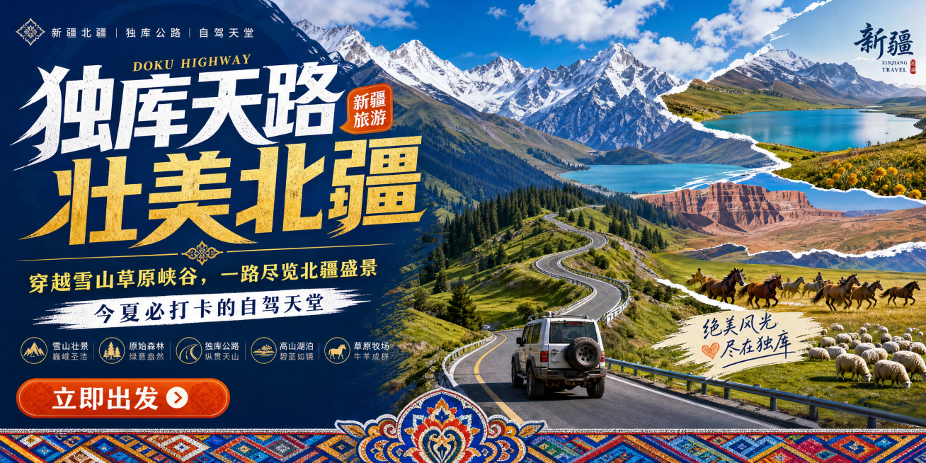 新疆北疆旅游横式海报，设计参考示例版式，运用新疆特色浓郁色彩，展示独库公路沿途风光，中文文案，适合FB平台推广，标题'独库天路 壮美北疆'预览效果