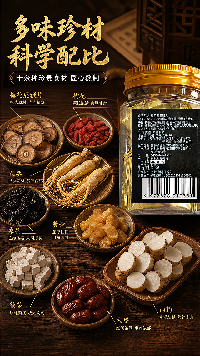 [第2张] 核心卖点页-多味珍贵食材匠心配比。本张使用【图1】作为产品背面配料展示图。
[氛围/风格] 中式滋补食材风，深棕金色调，古朴厚重，食材实拍质感，突出原料珍贵与配方讲究。
[元素布局] 产品瓶身（背面配料表）置于画面右侧，占比约35%；左侧及中部大面积展示多种珍贵滋补食材的精美摆盘：梅花鹿鞭片、人参、枸杞、黄精、桑葚、茯苓、山药、大枣等，食材新鲜有质感，错落有致摆放；食材占画面主视觉约50%以上，颗粒饱满、色泽自然；背景为深棕色木质纹理台面，营造古朴中药铺氛围。
[光影质感] 顶部柔和暖光，食材表面有自然光泽，阴影柔和，整体温暖厚重，突出食材真实感。
[配色色系] 全局底色 #2D1F14 深棕木色；主色金色 #C9A227；辅助色食材自然色（红、棕、黄）；点缀色米白。
[视角构图] 俯视45°角，阅读动线从左上标题 → 中部食材展示 → 右侧产品配料表印证。
[文字版式] 左上区域主标题「多味珍材 科学配比」，金色书法体；下方副标题「十余种珍贵食材 匠心熬制」，白色小字；食材旁用引线标注6种核心原料名称，金色小字；右下角产品配料表清晰可见；文字不遮挡主要食材。
[比例分辨率] 9:16 竖版比例，4K分辨率，文字清晰可辨，高清画质。
[负向提示词] 食材虚假，颜色失真，产品变形，文字错乱，水印，医疗功效宣传，极限词，背景杂乱。
