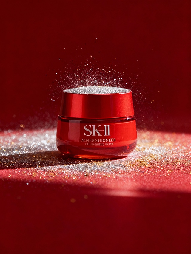 背景：深红色调的纯色背景，色调统一无杂色，为产品铺垫奢华的展示氛围；
装饰：容器顶部及周围点缀银、金色细小粒子，呼应 “精致粒子” 的主题，直观强化产品 “成分细腻、质感高端” 的卖点。