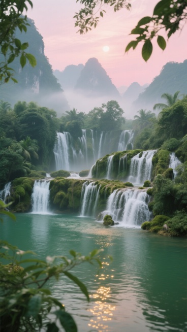 清晨薄雾笼罩的山间瀑布群，多层级水流从覆盖着翠绿苔藓的岩石上倾泻而下，汇入清澈碧绿的潭水，周围环绕着茂密的热带植被和高耸的喀斯特山峰，柔和的粉色晨光透过树叶缝隙洒在水面上形成金色光斑，前景有摇曳的绿色枝叶形成自然画框，整体呈现出宁静悠远的氛围和高度写实的摄影质感，光影层次丰富，色彩以深绿、翠绿和淡粉为主色调，瀑布水花飞溅的细节清晰可见。预览效果