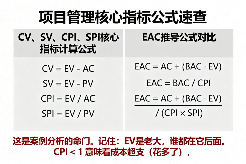 清晰展示CV、SV、CPI、SPI四个核心指标的计算公式，以及EAC的几种推导公式对比，搭配磊哥批注：这是案例分析的命门。记住：EV是老大，谁都在它后面。CPI < 1 意味着成本超支（花多了），SP预览效果