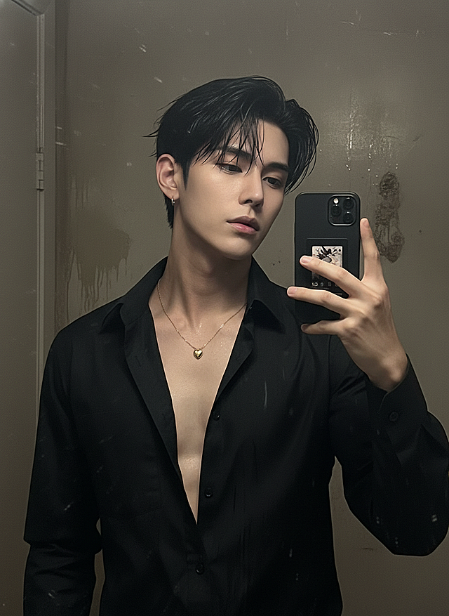 cosplayer真人写实照片，根据该图生成一张现实生活中扮演该角色的写实风格，人物所在的写实场景与原作相对应，人物一只手抬起拿着手机对着镜子正在自拍