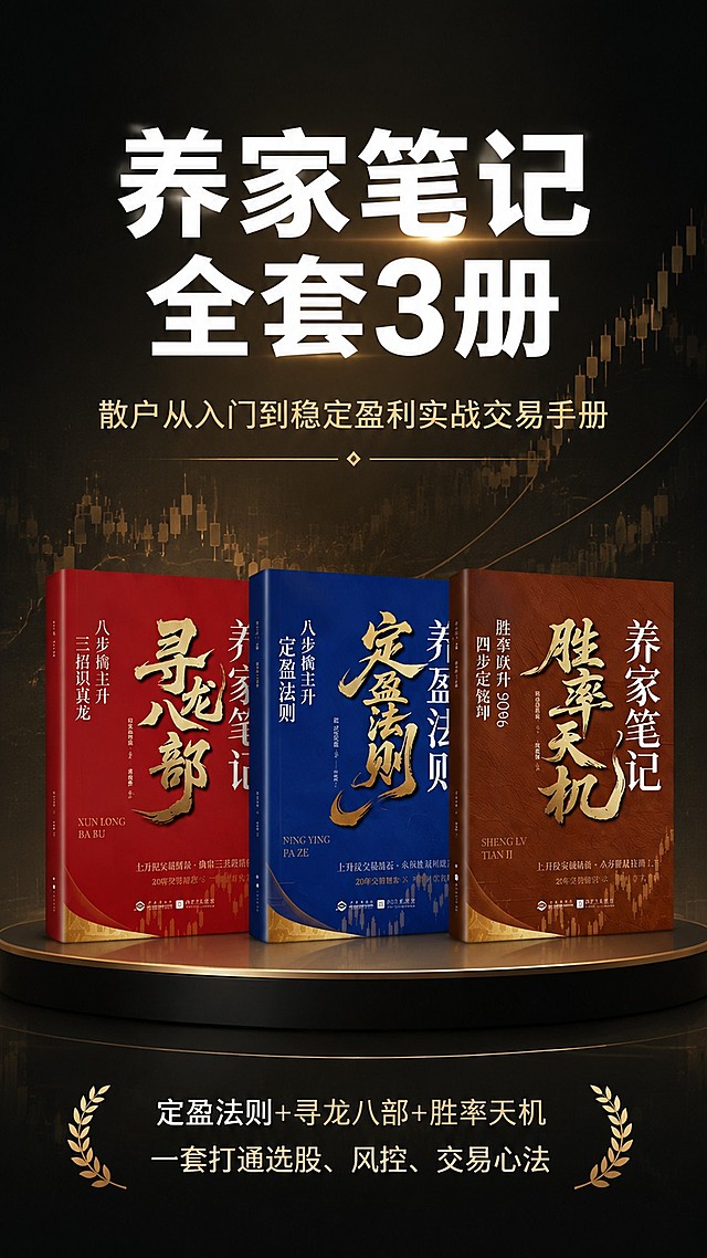 [第1屏] 详情页头图-养家笔记全套三册书籍宣传海报，本屏使用【图1】作为商品主体。[氛围/风格] 专业财经商务风格，沉稳大气，商业海报质感，清晰突出产品。[元素布局] 全套三册书籍置于画面中下区域，占比约65%-70%；上方预留大标题区域，书籍保持原有的红色寻龙八部、蓝色定盈法则、棕色胜率天机封面与金色字体不变，结构比例与输入产品图一致。背景点缀浅金色K线走势纹理，增加金融氛围。[光影质感] 顶部柔光打亮书籍封面与标题，底部自然投影，整体明暗层次分明，书籍清晰真实。[配色色系] 全局底色 #121212；主色红/蓝/棕书籍本色；辅助色浅金色装饰纹理，白色标题文字。[视角构图] 正面平视，书籍居中为视觉中心，阅读动线从上到下：顶部标题 → 中部产品 → 底部副标题。[文字版式] 版式为顶标题 + 中产品 + 底信息。主标题「养家笔记全套3册」，副标题「散户从入门到稳定盈利实战交易手册」，主标题加粗白色大字体居中，副标题浅金色居中；下方卖点小字「定盈法则+寻龙八部+胜率天机，一套打通选股、风控、交易心法」，文字不遮挡主体书籍。[比例分辨率] 9:16 竖版比例，2K分辨率，文字清晰可辨，高清画质。[负向提示词] 书籍变形，缺件错件，颜色偏差，水印，文字错乱，产品图模糊，背景杂乱