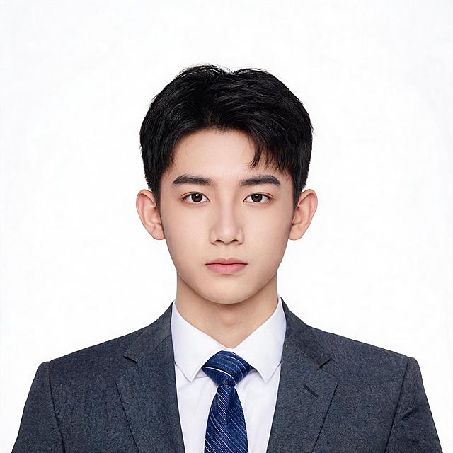 亚洲帅气男生，年龄20到25岁左右，正面免冠标准商务证件照，胸部以上胸像构图，人物居中端正，双肩平齐，平视镜头，表情自然平和，露出双耳与眉毛。身穿剪裁合身的正装西装外套，随机男生发型，内搭挺括纯白色正装衬衫，简约商务领带，服装平整无杂乱褶皱。标准纯白色证件照背景，背景均匀纯净无杂色无阴影。专业影棚正面柔光布光，面部光影均匀通透，无生硬阴影与阴阳脸，肤色自然真实，轻微均匀肤色保留原生皮肤纹理，无过度磨皮。超写实摄影质感，300DPI 高清锐利，专业证件照标准，正式稳重，细节真实自然，外貌不同，区别于前七张