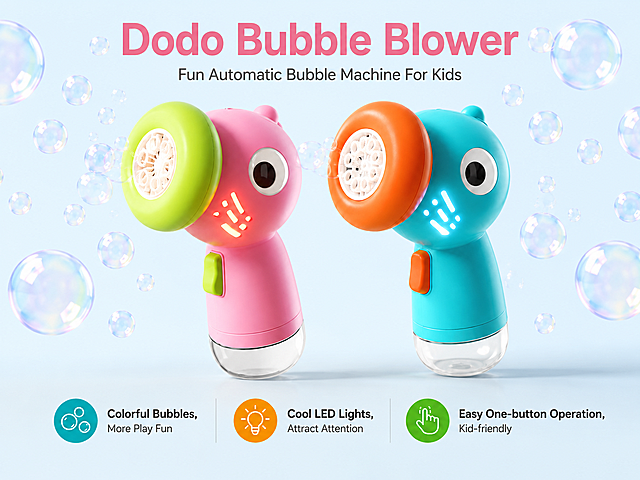 [Screen 1] Detail page header - product promotion poster for Dodo Bubble Blower toy.
[Atmosphere/Style] Bright childlike commercial style, clean light blue background, high definition commercial photography, playful and lively atmosphere.
[Element Layout] Two bubble blowers are displayed side by side in the center: pink green version on the left, blue orange version on the right. Keep product shape, color and structure exactly same as original images. Add scattered transparent iridescent bubbles around products to create play atmosphere. Whole screen is borderless full layout.
[Lighting Texture] Soft main light from upper left, natural shadow on bottom, highlight smooth matte plastic texture of the product, bubbles have transparent rainbow luster, overall picture bright and layered.
[Color Scheme] Global background #F0F8FF; main product colors: pink+green / blue+orange; text colors #333333, keep consistent color matching.
[Perspective Composition] Front flat view, two products symmetrically placed, products occupy 70% of the screen height, title space at top, info bar at bottom.
[Text Layout] Top center: main title "Dodo Bubble Blower", rounded bold font, first letter capitalized, pink color. Below it: subtitle "Fun Automatic Bubble Machine For Kids", gray small font. Bottom: three icon卖点: 1. Bubble icon "Colorful Bubbles, More Play Fun"; 2. Bulb icon "Cool LED Lights, Attract Attention"; 3. Finger icon "Easy One-button Operation, Kid-friendly". All text in English, no Chinese, text does not cover main product body.
[Proportion Resolution] 4:3, 2K resolution, clear text, ultra HD.
[Negative prompts] Deformed product, color error, text confusion, blur, messy background, watermark, Chinese characters.